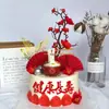 Decoração de bolo de aniversário com galho de Flor de Ameixa Vermelha Grande, topo de bolo com avô e avó, decoração de aniversário estilo chinês