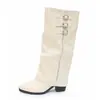 Botas de perna de calça bico fino salto escondido transfronteiriças femininas fivela de cinto cor sólida não acima do joelho emagrecedoras botas longas salto plataforma botas de equitação femininas