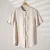 Nueva camisa de lino de tres colores para hombre, ligera, absorbente de humedad y transpirable, corte holgado, cuello redondo, manga corta 12885
