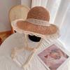 Net chapéu de palha vermelho das mulheres Coreano - estilo de verão laço rendas chapéu de praia fresco férias aba grande aba de proteção solar chapéu de proteção solar moda