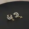 Brincos de tarraxa com zircônia microincrustada banhados a ouro real, temperamento feminino, agulha de prata S925, design de nicho, brincos de estrela e lua, atacado