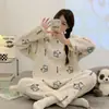 Pijama de Flanela Quente Outono e Inverno para Mulheres Inverno Coral Fleece Desenho Animado Fofo Conjunto de Pijama para Casa