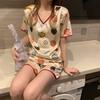 Pijama de Cuello en V para Mujer, Verano Seda de Hielo Manga Corta Shorts, Delgado, Lindo, Sexy y Dulce Ropa de Casa Estudiante Conjunto de Dos Piezas