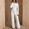 Chegada Nova Outono 2026 Transfronteiriço Europeu e Americano Top de Um Ombro Manga Longa Calça Longa de Perna Larga com Cordão Conjunto Casual de Tricô Feminino