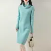 Nuevo vestido de punto para mujer, 100% lana, vestido suéter ajustado, falda larga a rayas, hasta la rodilla, cuello alto, vestido base para mujer
