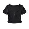 Verano 2023 chicas guapas europeas y americanas cuello redondo grande dos hebillas media tapeta manga corta slim plisada camiseta corta al por mayor