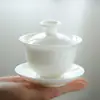 Xícara de Chá de Porcelana Branca Jade Gordura de Carneiro Dehua com Relevo de Dragão e Fênix Simples Portátil Presente de Negócios para Dar LOGO Conjunto de Chá Tigela com Tampa
