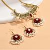 Conjunto de joyas de rubí retro bohemio transfronterizo europeo y americano con cuentas de gota de perla, collar y pendientes exagerados