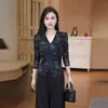 Traje Elegante para Mujer 2026 Otoño Nuevo Elegante y con Estilo Cuello en V Manga Larga Camisa Básica Pantalones de Pierna Ancha Conjunto de Dos Piezas con Temperamento
