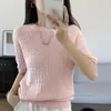 Top de punto de algodón puro con cuello redondo, tejido de ochos, color liso, manga corta, nuevo top de verano de punto fino con patrón trenzado, ropa sencilla para mujer