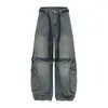 Cinto Tecido Design Multi-Bolsos Jeans Wide-Leg Lavado para Homens, Novo Estilo Primavera Calças Casuais Patchwork para Trabalho para Mulheres