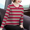 Otoño 2024 Suelto Coreano Rayado Talla Grande Delgado Top Base Estilo Occidental para Madres Cuello Redondo Manga Larga Camiseta para Mujer