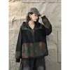 Jaqueta Jeans Patchwork com Capuz Feminina Plus Size Outono 2026 Feminina Solta Estampa Retro Solta Zíper Manga Longa