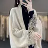 Chal de Lana con Ribete de Encaje 25 Otoño e Invierno Nuevo Estilo de Moda Estilo Perezoso Color Sólido Cárdigan Exterior de Punto