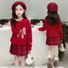 Conjunto Rojo de Año Nuevo para Niñas, Suéter Grueso de Punto, Falda a Cuadros, Conjunto JK, Ropa Festiva de Invierno para Celebrar el Año Nuevo
