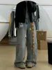 Jeans de Pierna Ancha con Parches de Cuadros y Bordado de Hongo Lindo de Dibujos Animados Americanos para Mujer Otoño Sueltos Adelgazantes de Largo Hasta el Suelo Modernos