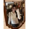 Suéter de tricô com trança retrô e gola polo, peça de outer wear feminina de manga longa, estilo curto