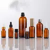 Botella gotero personalizada, Botella de recarga cosmética, Botella de aceite esencial marrón, Botella con bomba de presión para esencia, Botella gotero de vidrio