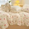 Encaje Crema Rosa Femenino Cuadros Estilo Coreano Juego de Cama de Cuatro Piezas Funda Nórdica de Gasa de Doble Capa de Algodón Lavado Dormitorio Juego de Sábana Bajera de Tres Piezas