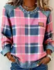 2025 Amazon Cross-Border Nova Moletom Feminino Redondo Solto Patchwork Xadrez Jeans Loja de Fábrica Fonte