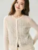 Um item essencial para o outono~Cardigã de tricô com 25% de seda de amoreira e 75% de cashmere para mulheres, gola redonda, jaqueta suéter de crochê vazado