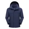 Chaqueta de invierno 3 en 1 personalizada para hombres y mujeres, con diseño de capucha, material engrosado y un conjunto de dos piezas, adecuada para actividades al aire libre como senderismo y montañismo, ofreciendo protección cortavientos e impermeable