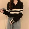 Outono 2025 Novo Estilo Tricô com Gola Polo Estilo Hong Kong Feminino Petite Solto Manga Longa Listrado Top Preguiçoso