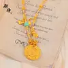 Collar Colgante Dorado Antiguo de Alta Retención de Color con Patrón de Martillo, Dios Amarillo de la Riqueza, con Cristal, Nuevo Estilo Chino Colgante Redondo con Incrustación de Diamante, Joyería para Mujer