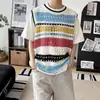 Colete Arco-Íris Listrado Color-Block Estilo Americano Tendência Tricô Vazado Colete Camada Sem Mangas Tricô Casual