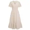 EBay Independent Station 2023 Casual Mulheres Europeias e Americanas Verão Novo Decote em V Manga Folha de Lótus Cor Sólida Vestido Feminino