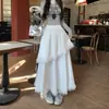 Saia de Bolo Patchwork de Renda para Mulheres, Outono Cintura Elástica Emagrecedora Franzida Babado Linha A Longa 13478