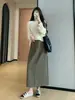 ¡La primavera no llega tarde! ¡Falda larga de bolsillo en tono madera! Falda de mezcla de lino texturizada, sin elasticidad, falda casual estilo vintage
