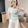 Camiseta Colorida de Tricô Fino com Botões! Camisa Henley de Verão em Linho Tencel com Manga Curta, Gola Redonda e Botões