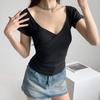 Playera Americana Sexy de Cuello en V Cruzada de Manga Corta para Mujer 2024 Verano Nuevo Sexy Cintura Ajustada Elegante Top Corto