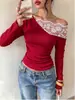 [En Stock] 2026 Transfronterizo Europeo y Americano Encaje Patchwork Hombros Descubiertos Manga Larga Camisa Base para Mujer Ajustada Favorecedor Versátil Top
