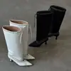 Botas de Cavaleiro de Couro Femininas Botas Largas Outono Novo Estilo Couro Genuíno Bico Fino Trançado Recortado Retro Salto Agulha Botas Acima do Joelho