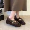 Zapatos Mary Jane Retro Plus de Terciopelo con Tacón Oculto para Mujer, Temporada Otoño/Invierno, Moño de Piel de Cordero, Calidez, Zapatos de Algodón Calientes de Ballet