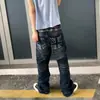 Jeans de estilo americano para hombre, de calle, con diseño cruzado, corte holgado, con tachuelas, pierna recta, azul oscuro, ligeramente acampanados, pantalón largo, modernos para otoño