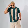 Nueva ropa exterior para hombre de comercio exterior europeo y americano: camisa con cuello, de bloques de color, cárdigan de un solo botón, camisa de punto de manga corta