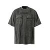 Camiseta Vintage de Rua com Bolso com Zíper Decorativo Lavada e Envelhecida Manga Curta Masculina Estilo Americano Marca Tendência Gola Redonda Solta Manga Meia-manga