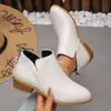Botas de cuero de tacón grueso para talla grande, adelgazantes, con cremallera trasera, estilo europeo y americano, color liso, botines para mujer, botines cortos de cuero con punta