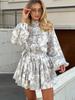 Vestido de manga larga con estampado de tinta transfronterizo Europa y Estados Unidos 2025 primavera nuevo cuello alto manga linterna vestido con cordones