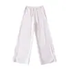 Calça de Verão Listrada de Cintura Baixa Solta de Perna Larga Estilo Preguiçoso para Casa Cordão Caimento Casual Reta Longa