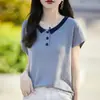 Camisa casual de Tencel de manga corta con cuello pequeño de color contrastante, corte holgado con hombros caídos y cuello en bloques de color, adecuada para el uso diario casual en primavera y verano, ofreciendo una sensación fresca