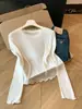 Colete Versátil Feminino Elegante com Renda Doce Conjunto de Duas Peças Camiseta de Tricô Manga Longa Camisola para Sobreposição 13354