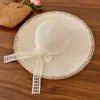 Sombrero de Paja con Cordones de Encaje Perlado para Mujer, Sombrero de Sol de Ala Ancha para Vacaciones en la Playa de Verano, Sombrero de Protección Solar con Ala Ancha