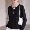 Tricô Color Block com Decote V Francês para Mulheres Suéter Simples com Botões Textura Macia Manga Longa Camada Base