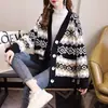 Cardigan Tricotado Jacquard Diamante Cor Contrastante Estilo Coreano Outono e Inverno Novo Estilo Étnico Combinação de Cores Versátil Casaco Solto Suéter para Mulheres