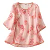Camisa Pulóver Delgada de Verano con Solapa Bordada para Mujer Estilo Étnico Estampado Artístico Holgada Versátil Top de Cinco Mangas para Mujer