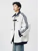 Moletom com retalhos e forro de fleece para uso transfronteiriço para homens, top estilo universitário coreano para outono e inverno, jaqueta americana elegante de alta qualidade
